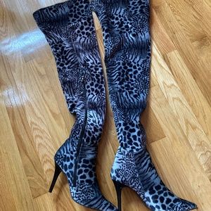 Mojo Moxy Black and Grey Leopard Over the Knee Boots